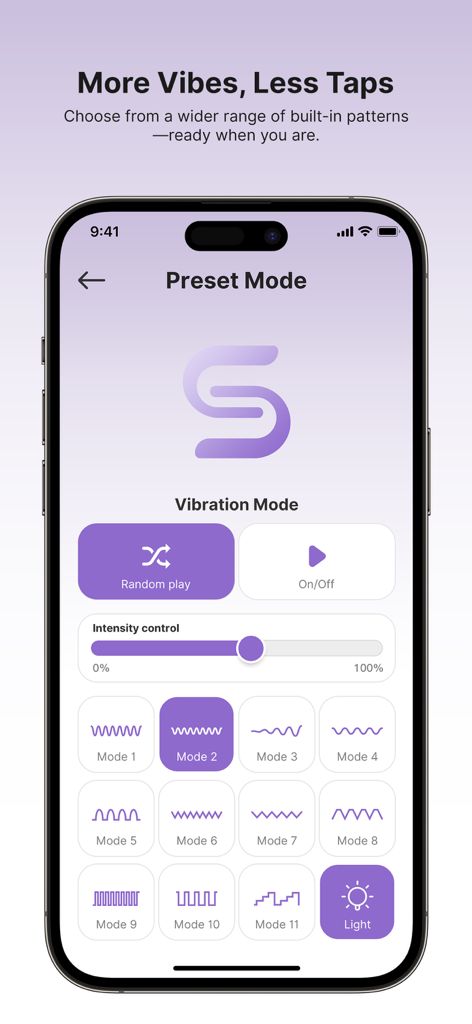 iPhone screen showing the SVAKOM app Preset Mode with various vibration patterns and intensity control slider.