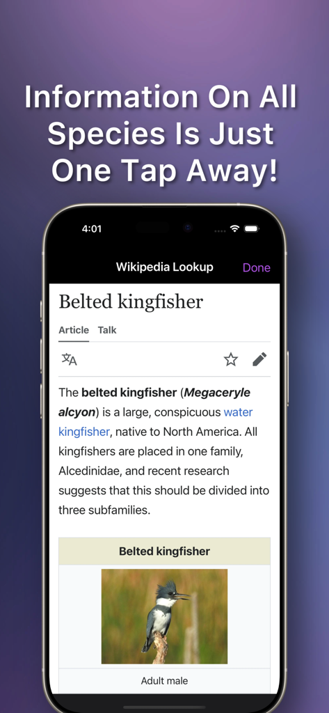 FL Parks: Map & Guide - Screenshot of the FL Parks app showing a Wikipedia lookup for a Belted kingfisher bird