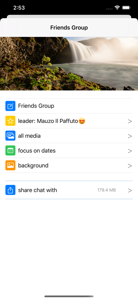 Screen showing options to view media, filter dates, and share a WhatsApp chat archive