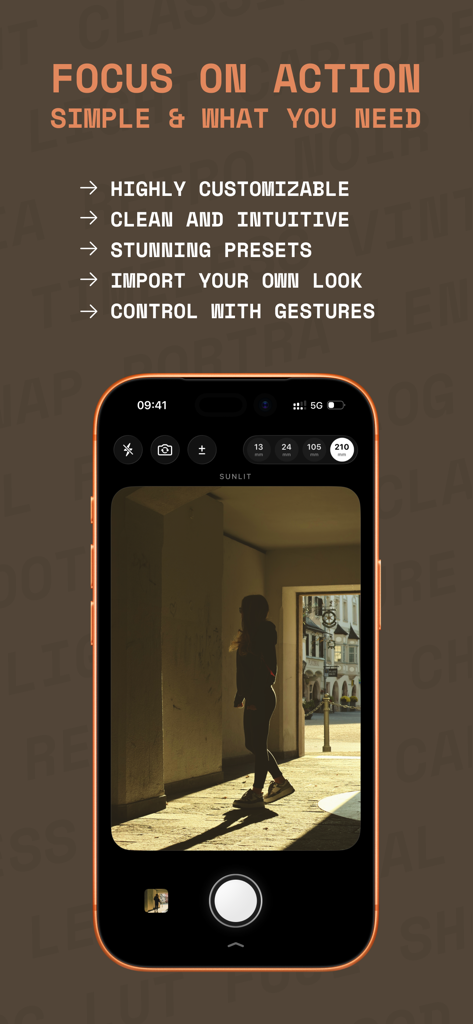 IIWII camera app minimalist interface displaying a film-inspired photo of a person walking through a sunlit corridor.