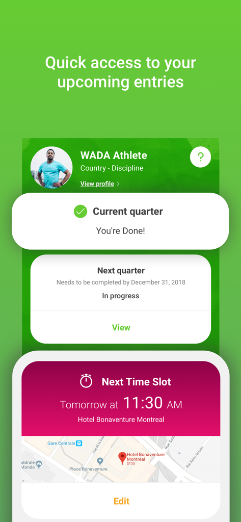 Dashboard of the Athlete Central app showing upcoming testing windows and compliance status
