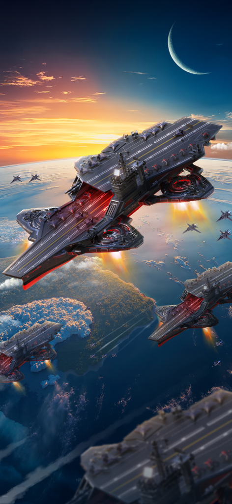 نداء الحرب 3 | حروب الأبطال - Futuristic flying aircraft carriers and fighter jets in the sky above earth
