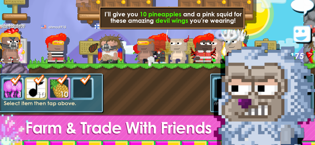 Personajes intercambiando objetos en el juego sandbox Growtopia