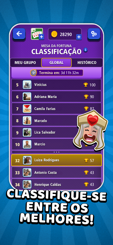 Buraco Jogatina: Jogo de Carta - Global leaderboard and player rankings screen in the Buraco Jogatina card game app