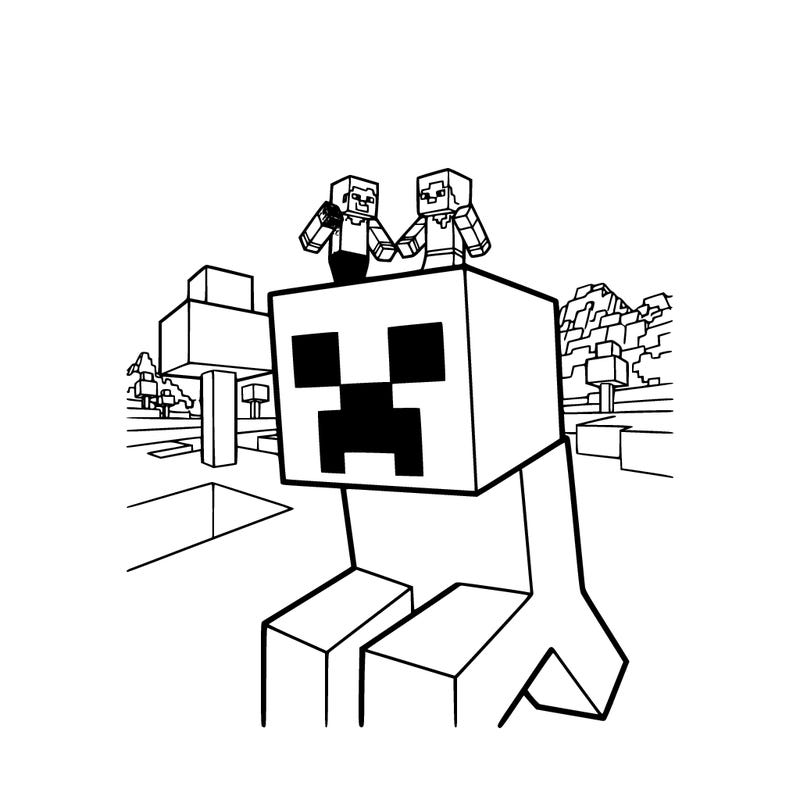 minecraft creeper with steve and alex in the background