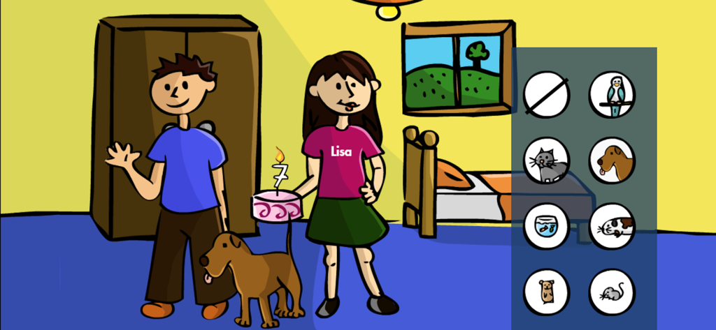 Learning German Mumbro Zinell - 誕生日ケーキとペットを選ぶメニューを持つ2人の子供のカートゥーンシーン。