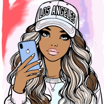 realistic beautiful girl wearing los ángeles cap holding an iphone
