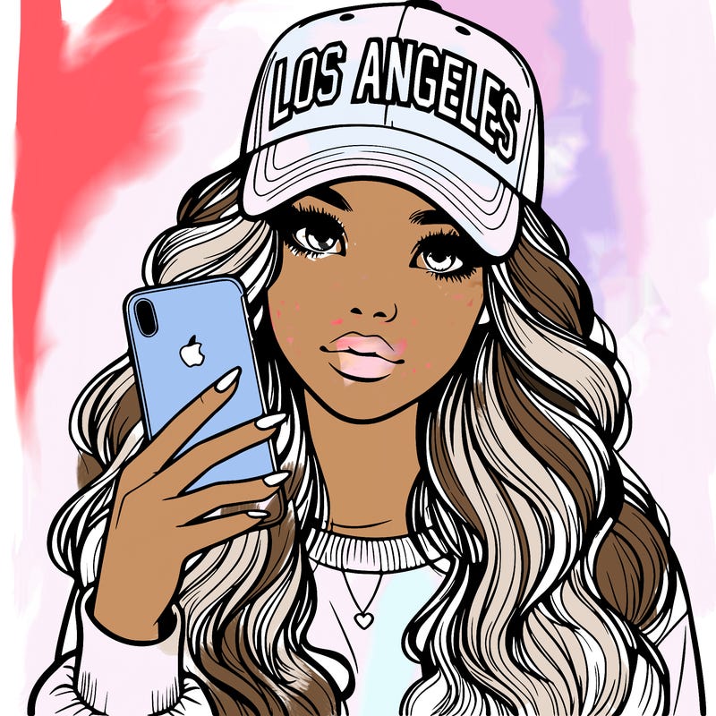 realistic beautiful girl wearing los ángeles cap holding an iphone