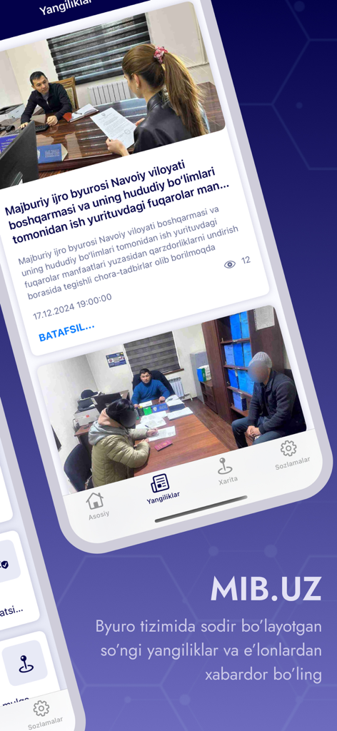 mib.uz - The news feed interface of the mib.uz mobile app showing official bureau updates and enforcement news