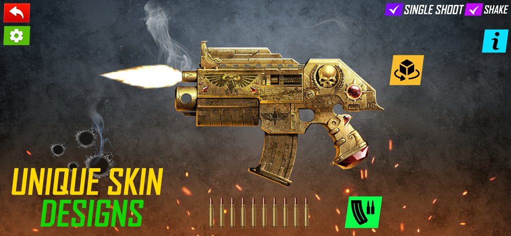 Gun Sounds: Real Gun Simulator - Un arma dorada adornada disparando con destello de boca en una app de simulación