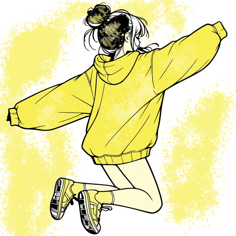 realistic girl jumping with a bun and oversized sweatshirt