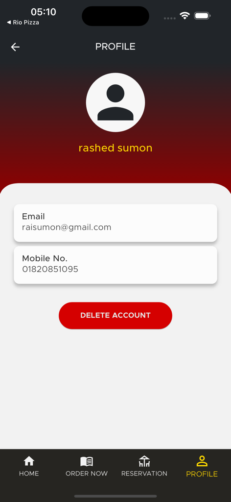 Maida Table Spread app user profile screen showing account details and delete account option