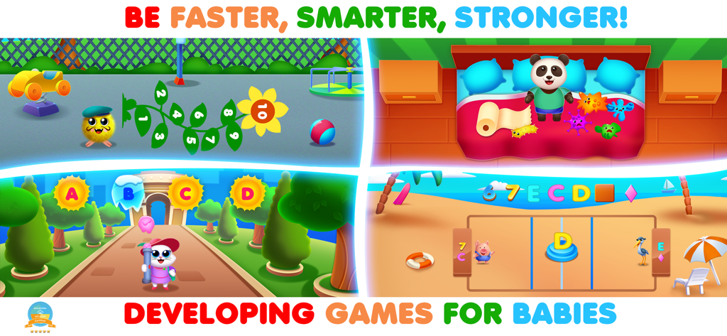 RMB Games: Pre K Learning Park - A collage showing four different educational gameplay screens from RMB Games Pre K Learning Park featuring numbers, letters, and sorting activities for toddlers.