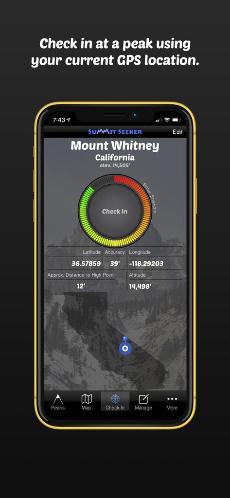 Summit Seeker - Summit Seeker mobile app interface showing a GPS check in for Mount Whitney