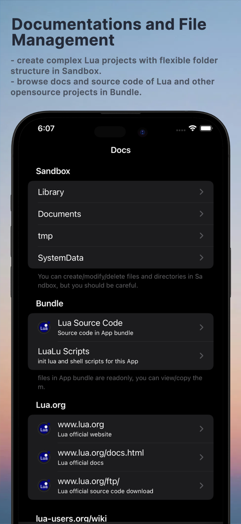 Interface of the Lua IDE app showing documentation resources and file management sandbox