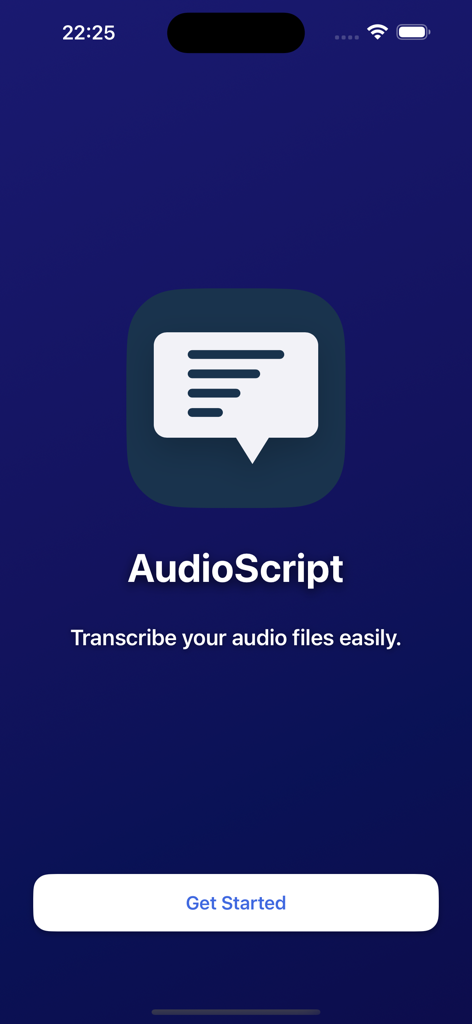 AudioScript - AudioScriptのウェルカムスクリーン、アプリのロゴと開始ボタンが表示されています