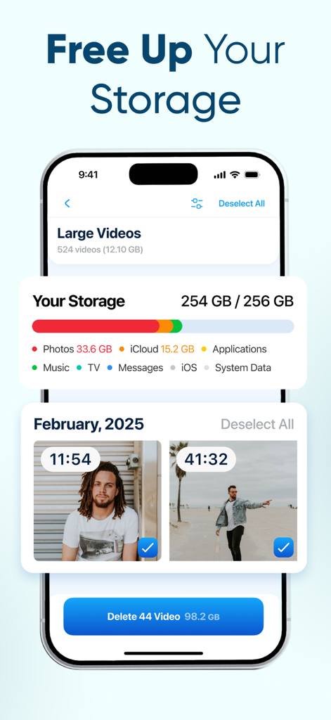 Storage Cleaner app interface showing a nearly full 256GB iPhone storage bar and a feature to delete large videos to free up space