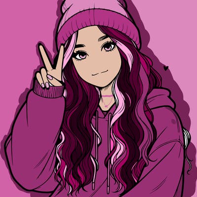 a teenage girl in a beanie, oversized sweatshirt, wavy long hair, and is showing a ✌️