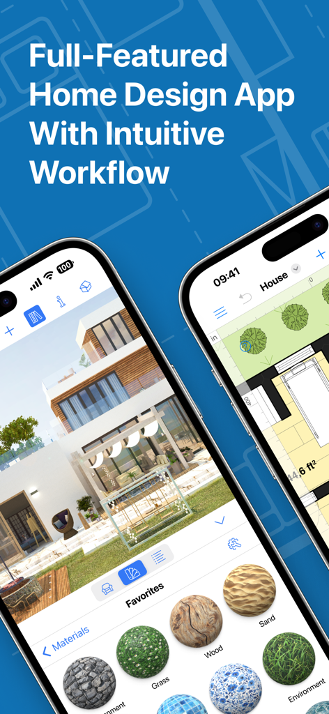 Live Home 3D - House Design - 3D 住宅レンダリングと 2D 間取り図を表示する Live Home 3D アプリのインターフェース