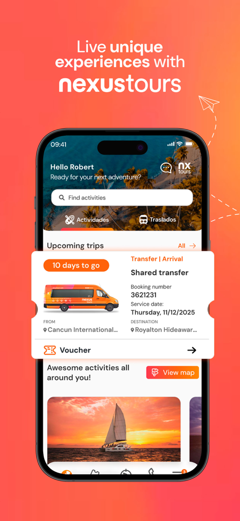 NexusTours app interface showing a shared transfer booking from Cancun airport and recommended sunset activities