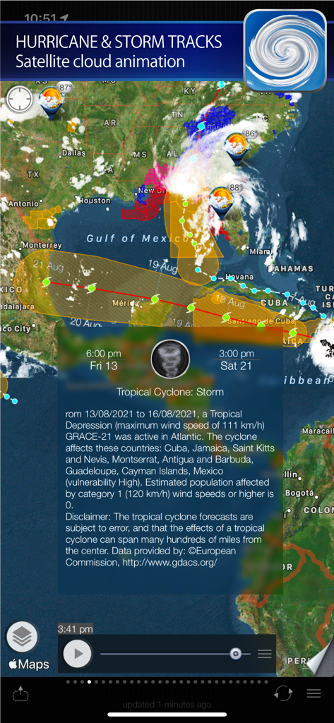 Mapa interativo de rastreamento de furacões com caminhos de tempestade projetados e imagens de satélite para o Ciclone Tropical Grace.