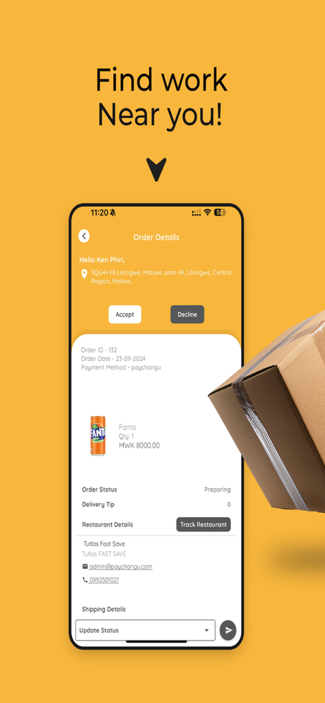 Changu Food Rider app showing delivery order details with accept and decline buttons on a mobile phone interface.