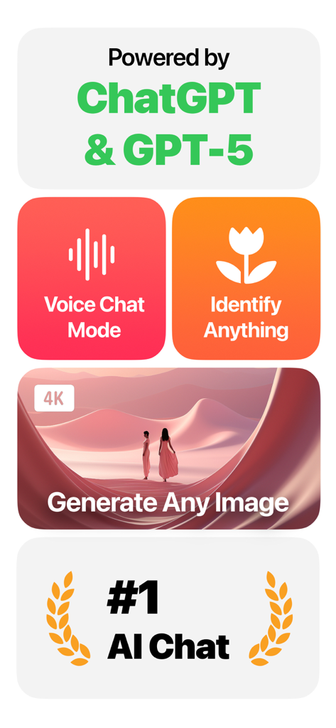 Características de la aplicación de IA ChatASK que incluyen chat de voz, identificación de objetos y generación de imágenes con IA.