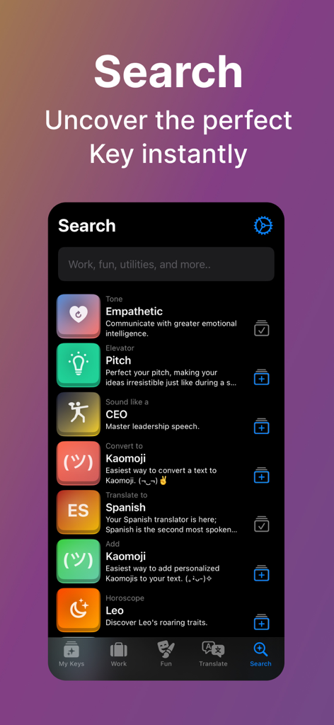 Pantalla de búsqueda de la aplicación Smart Keys que muestra herramientas IA para escribir y traducir