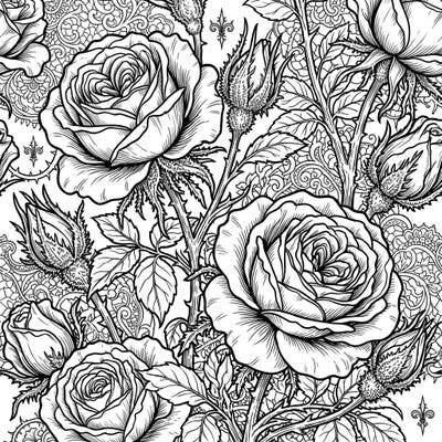 Step into a world of dark beauty with this exquisite Gothic Moss Roses coloring template. Immerse yourself in intricate floral designs and elegant Victorian patterns, perfect for a relaxing and creative escape.