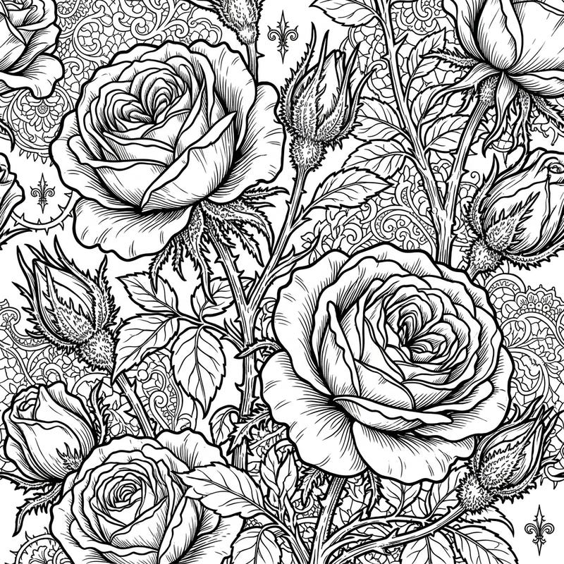 Step into a world of dark beauty with this exquisite Gothic Moss Roses coloring template. Immerse yourself in intricate floral designs and elegant Victorian patterns, perfect for a relaxing and creative escape.
