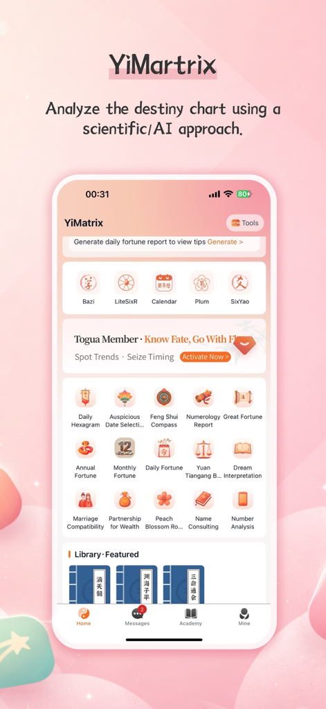 Dashboard of the YiMatrix app showing AI fortune telling tools like BaZi and Feng Shui compass