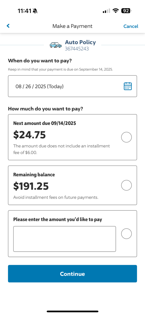 The Progressive mobile app Make a Payment screen showing auto insurance policy details payment date and balance options