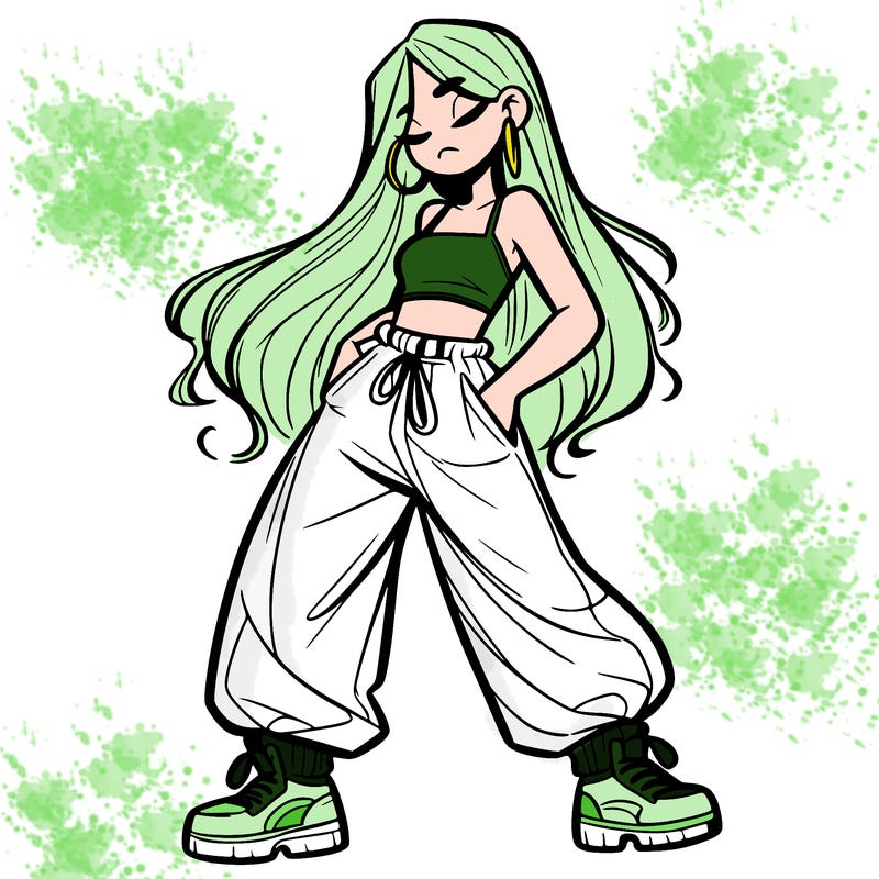 girl in baggy pants crop top and long hair