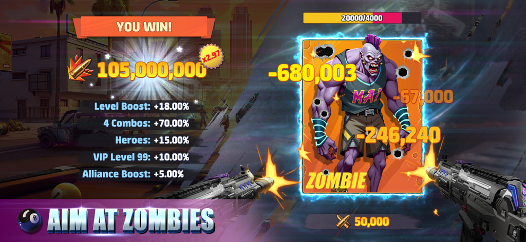 8 Ball Battle - Pool Games - Schermata di vittoria del gioco di biliardo 8 Ball Battle con sparatoria di zombie e moltiplicatori di punteggio