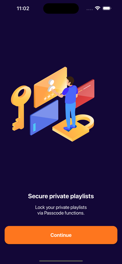 Fuevana IPTV Pro - Uma tela de integração para o Fuevana IPTV Pro exibindo uma ilustração isométrica sobre a proteção de playlists privadas com uma senha.