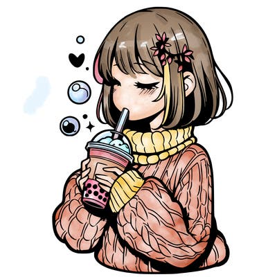 manga girl drinking boba in cozy sweater