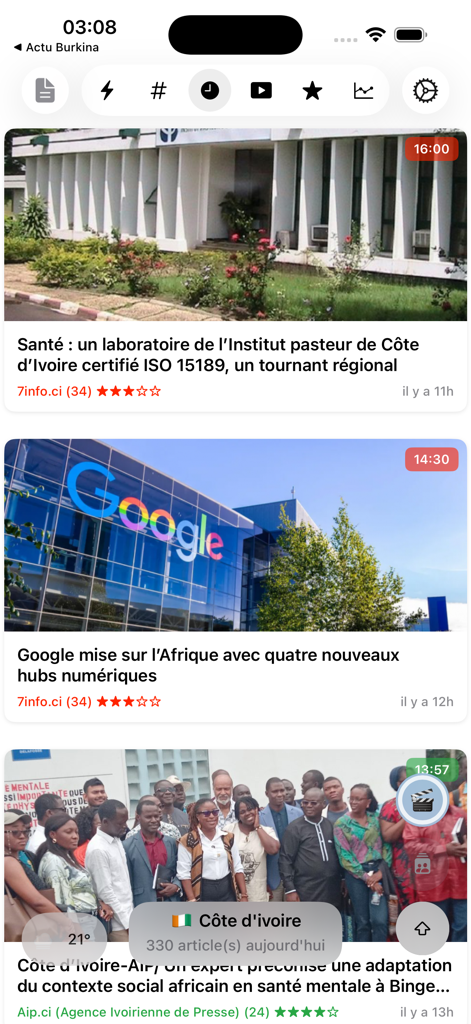 Feed di notizie nell'app Actu Cote dIvoire che mostra articoli su salute, tecnologia ed eventi locali.