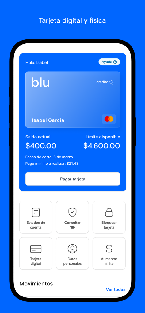 The dashboard of the Blu credit card app displaying current balance credit limit and account management options