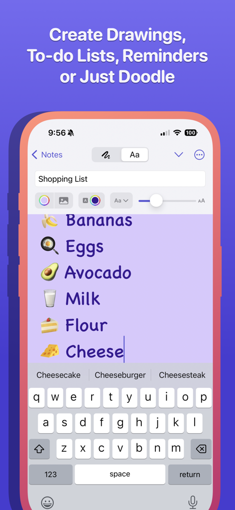 Sticky Notes Widgets: Jot - Pantalla de iPhone mostrando una lista de compras con emojis en la aplicación Jot.