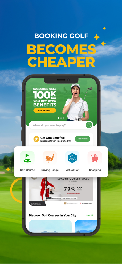 Golfers Booking app home screen featuring golf course booking driving range virtual golf and shopping categories