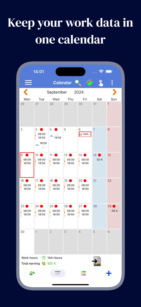 Working Hours 4b - A monthly calendar interface within the Working Hours 4b app showing daily shift logs and total earnings
