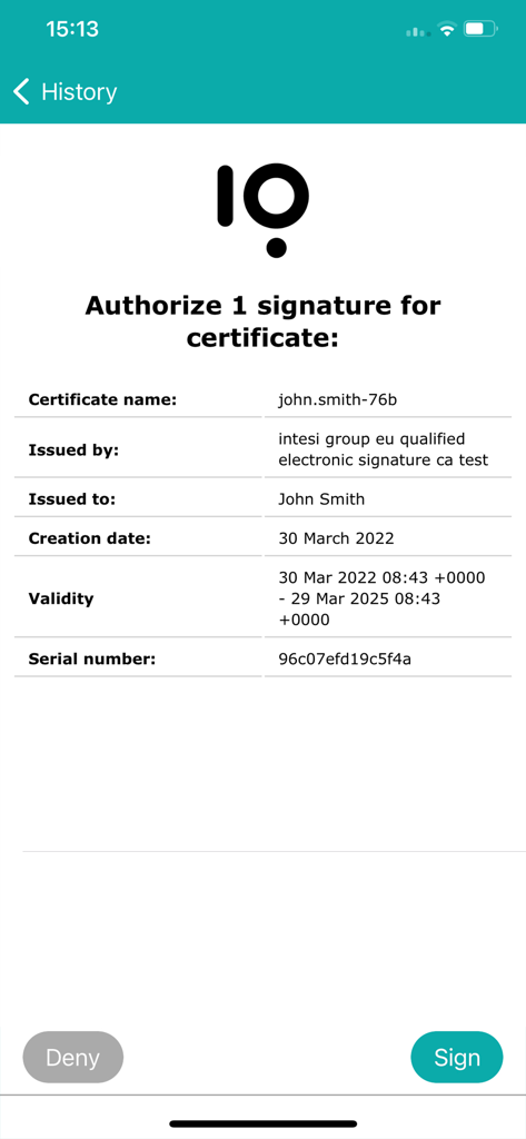 IG YOU - Interfaccia per autorizzare una firma digitale sull'app IG YOU.
