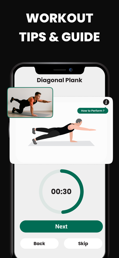 Daily Arm Workout at Home - Pantalla instructiva para un ejercicio de plancha diagonal con un temporizador de cuenta atrás y guías visuales.