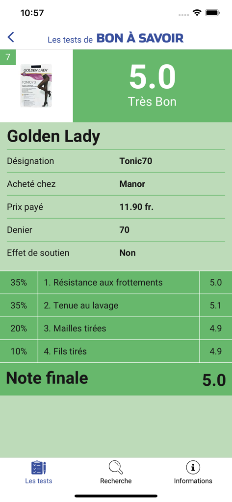 Les tests de Bon à Savoir - Capture d'écran de l'application Les tests de Bon à Savoir montrant un résultat de test de produit très bien noté pour les collants Golden Lady avec un score final de 5,0.