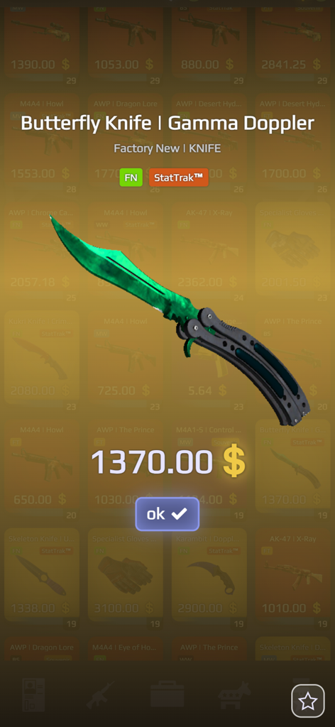 Skin StatTrak Butterfly Knife Gamma Doppler en el simulador Case Royale