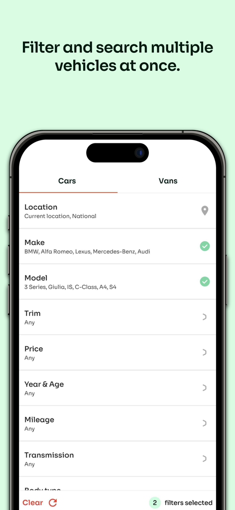 Cazoo: Buy Used Cars - Interface of Cazoo app showing advanced search filters for used cars and vans including make model and price