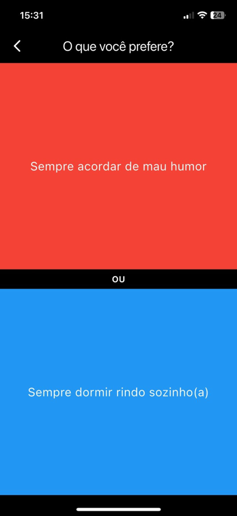 Passatempo - 빨간색과 파란색 선택 패널이 있는 한국어 선택 질문이 있는 Passatempo 앱의 모바일 화면