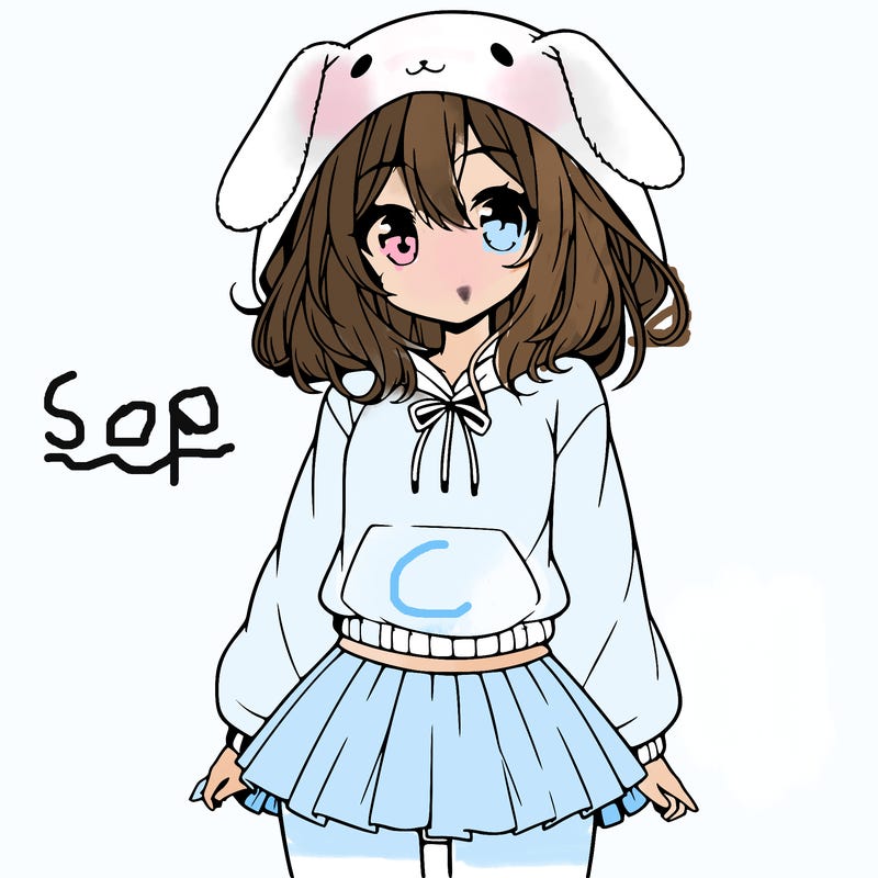 pretty anime girl wearing a fluffy hoodie with bunny ears on the hood and a skirt