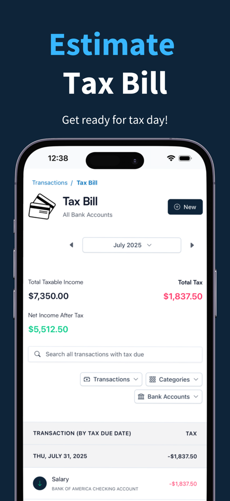 Koody - Budget & Bills Tracker - Koody app showing a tax bill estimation screen with income and tax calculations for gig workers and professionals