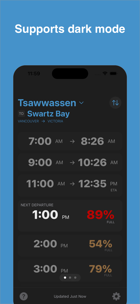 BC Ferry Times app interface showing dark mode with ferry schedules and real time capacity percentages for departures from Tsawwassen to Swartz Bay